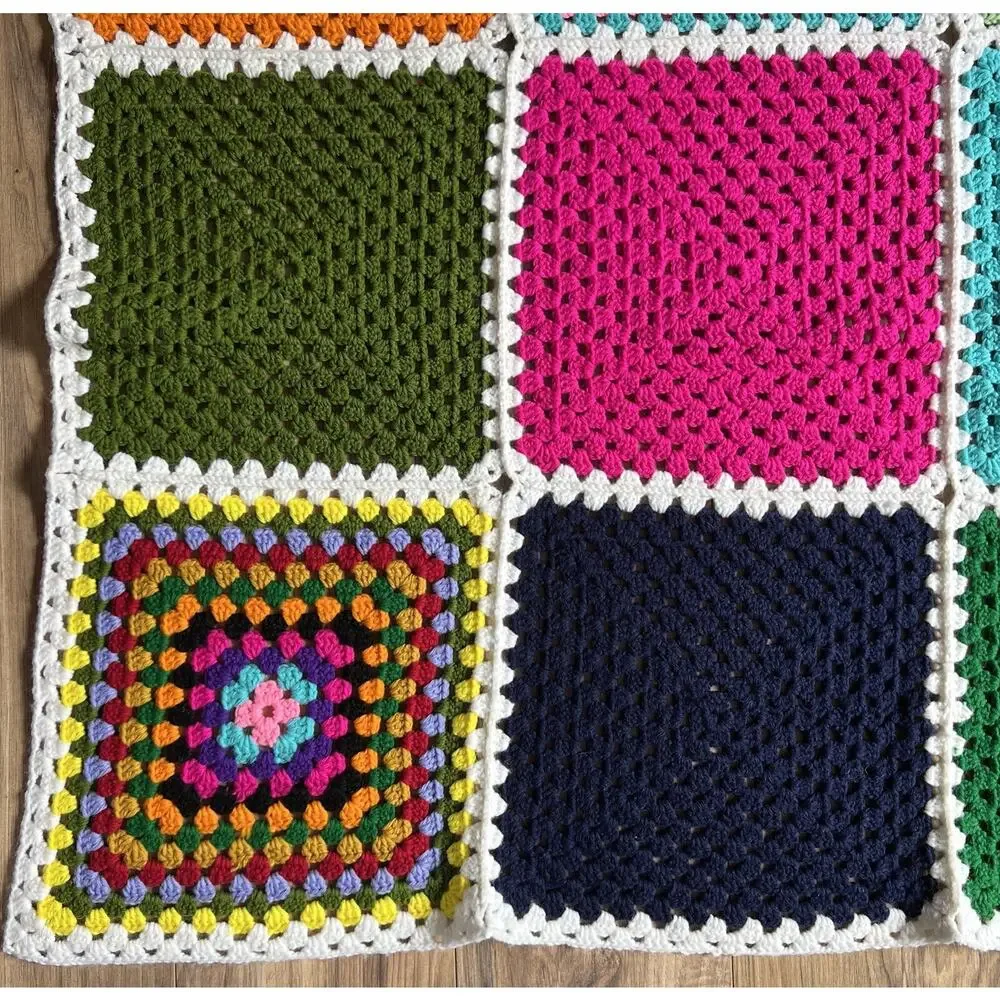Vtg Crochet Granny Square Roseanne Blanket MultiColored Afghan Throw 66